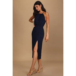 Lulus Dreamy Date Night Navy Blue Sleeveless Midi Dress - Size L